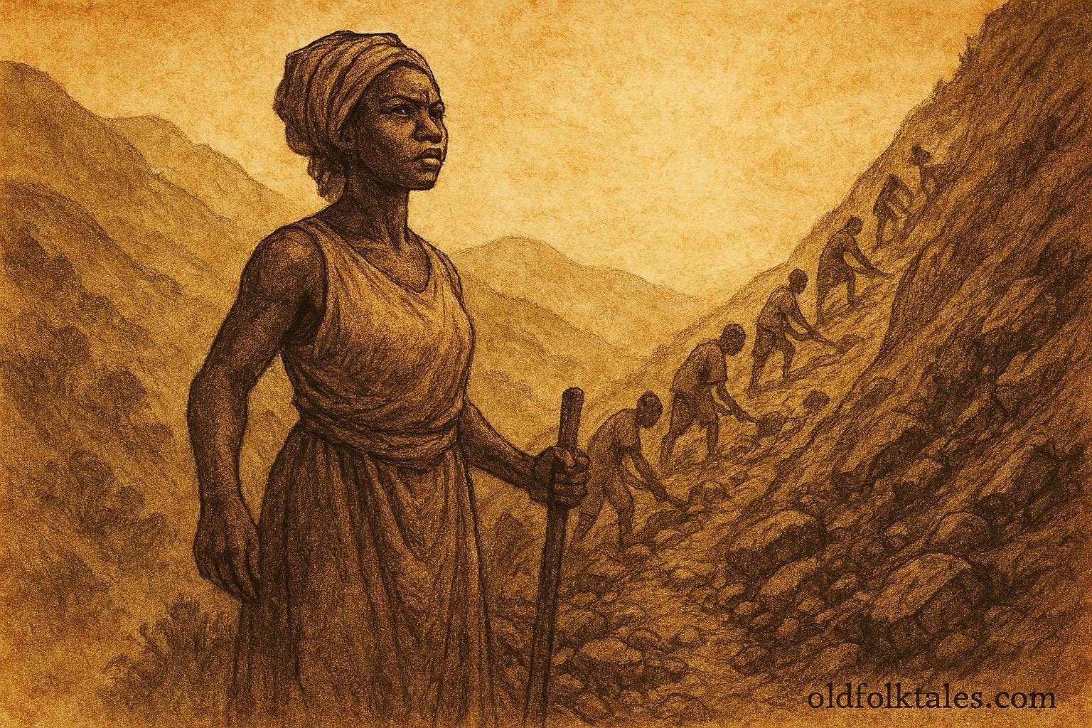 An illustration of woman and villagers transforming mountain path in Burundi hills.