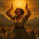 An Eritrean woman carrying the sun across sky above village landscape.