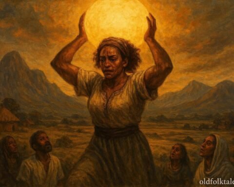 An Eritrean woman carrying the sun across sky above village landscape.