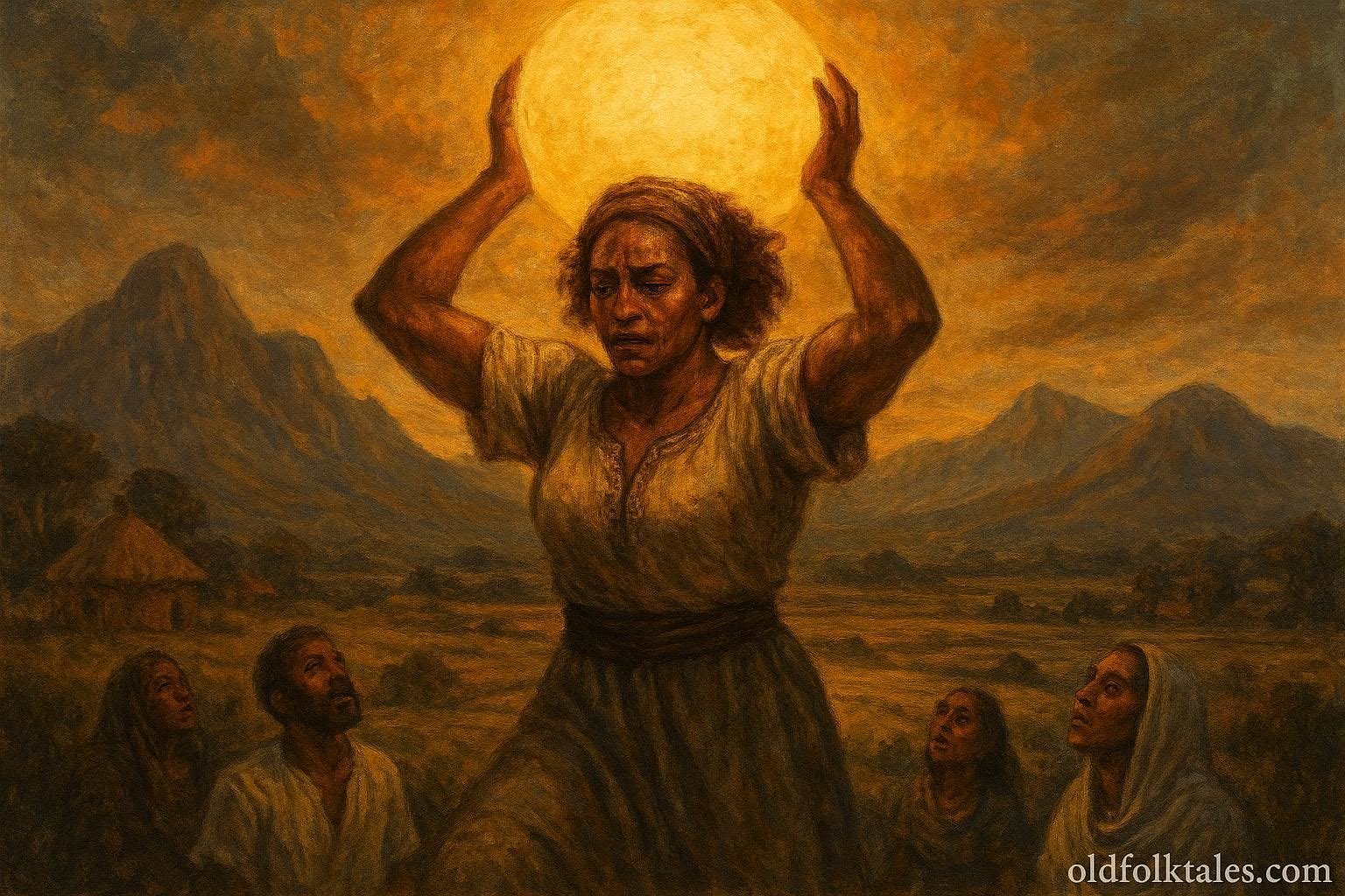An Eritrean woman carrying the sun across sky above village landscape.