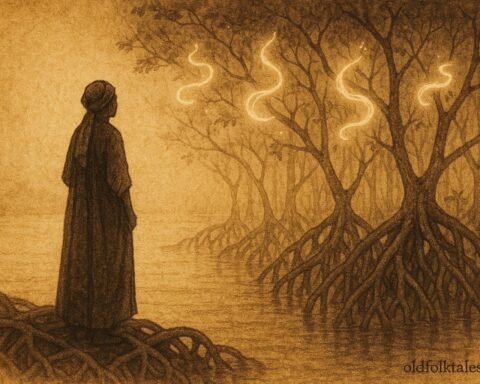 An illustration of widow at mangrove forest listening to fading spirit voices in Gabon.