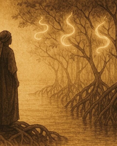 An illustration of widow at mangrove forest listening to fading spirit voices in Gabon.