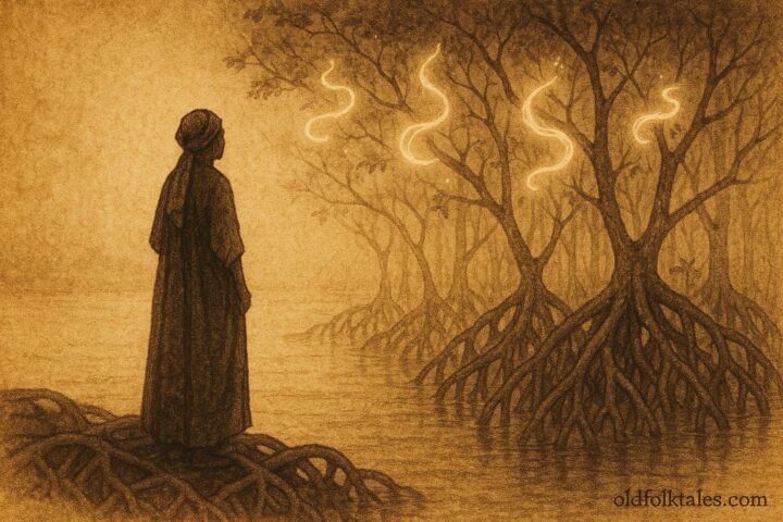 An illustration of widow at mangrove forest listening to fading spirit voices in Gabon.