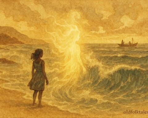 An illustration of a young woman transforming into a sea spirit in Mahé, Seychelles coastal folktale scene.