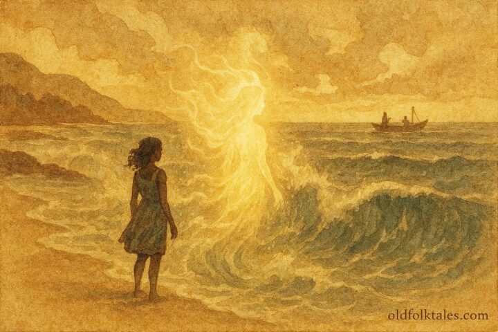 An illustration of a young woman transforming into a sea spirit in Mahé, Seychelles coastal folktale scene.