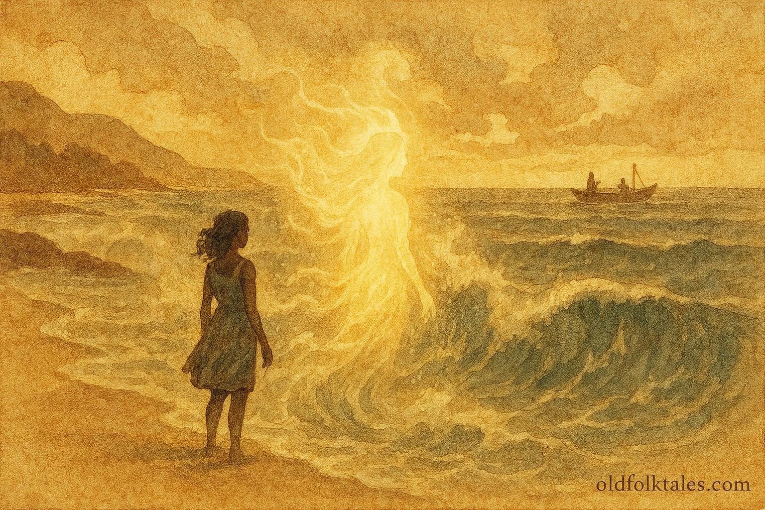 An illustration of a young woman transforming into a sea spirit in Mahé, Seychelles coastal folktale scene.
