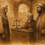 An illustration of woman using wit in Algerian courtroom against merchant and judge.