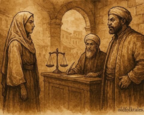 An illustration of woman using wit in Algerian courtroom against merchant and judge.
