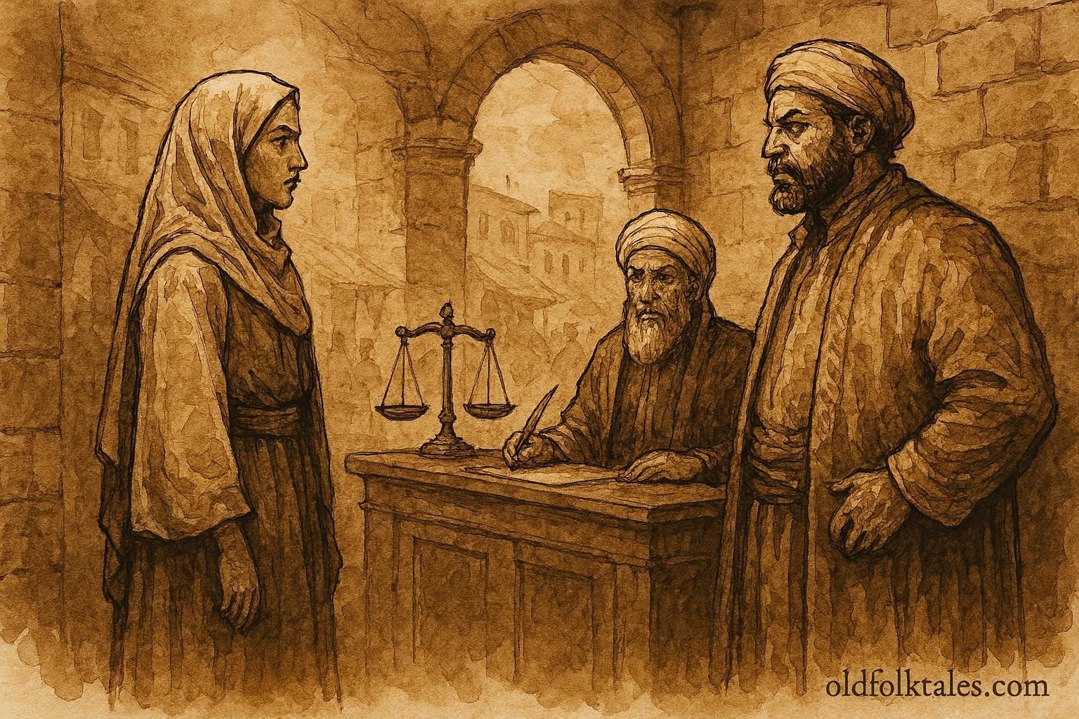 An illustration of woman using wit in Algerian courtroom against merchant and judge.
