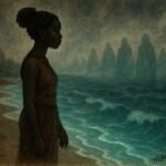 A woman standing at a mystical shoreline entering a spirit world in a Cameroonian folktale