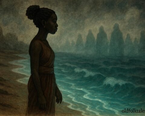 A woman standing at a mystical shoreline entering a spirit world in a Cameroonian folktale