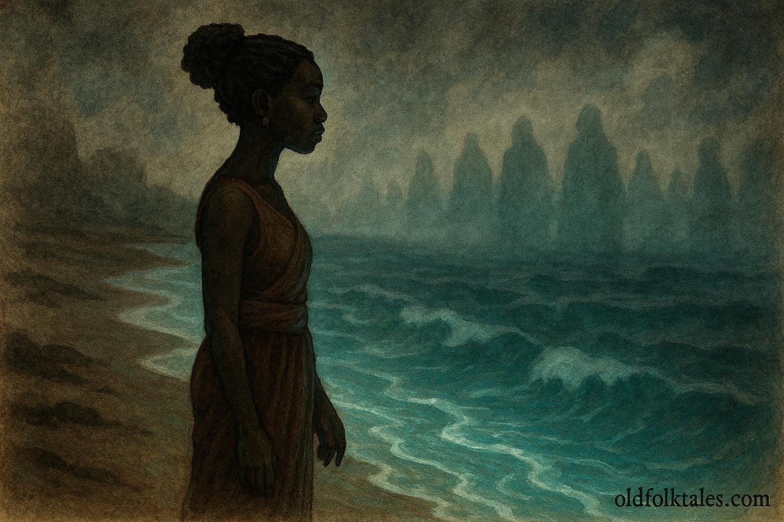 A woman standing at a mystical shoreline entering a spirit world in a Cameroonian folktale