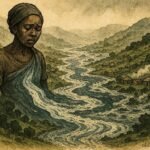 An illustration of woman transforming into river in Ugandan highlands responding to injustice.