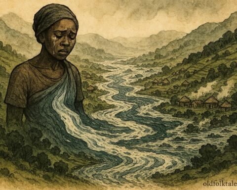 An illustration of woman transforming into river in Ugandan highlands responding to injustice.