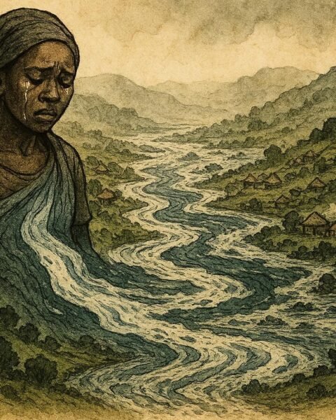 An illustration of woman transforming into river in Ugandan highlands responding to injustice.