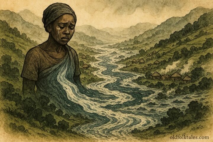 An illustration of woman transforming into river in Ugandan highlands responding to injustice.