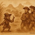 A trickster posing as spirit messenger in sugar estate, Mauritian Creole folktale scene.