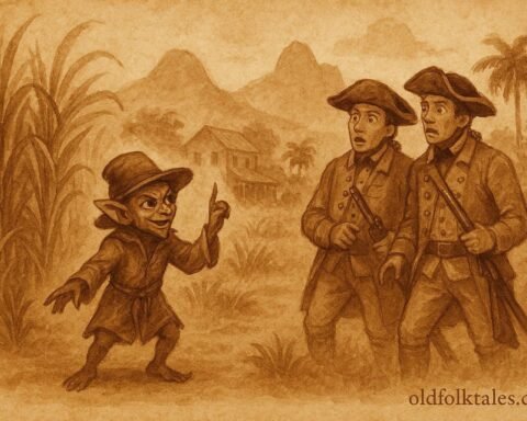 A trickster posing as spirit messenger in sugar estate, Mauritian Creole folktale scene.