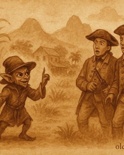 A trickster posing as spirit messenger in sugar estate, Mauritian Creole folktale scene.