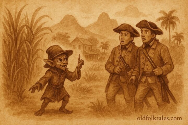 A trickster posing as spirit messenger in sugar estate, Mauritian Creole folktale scene.