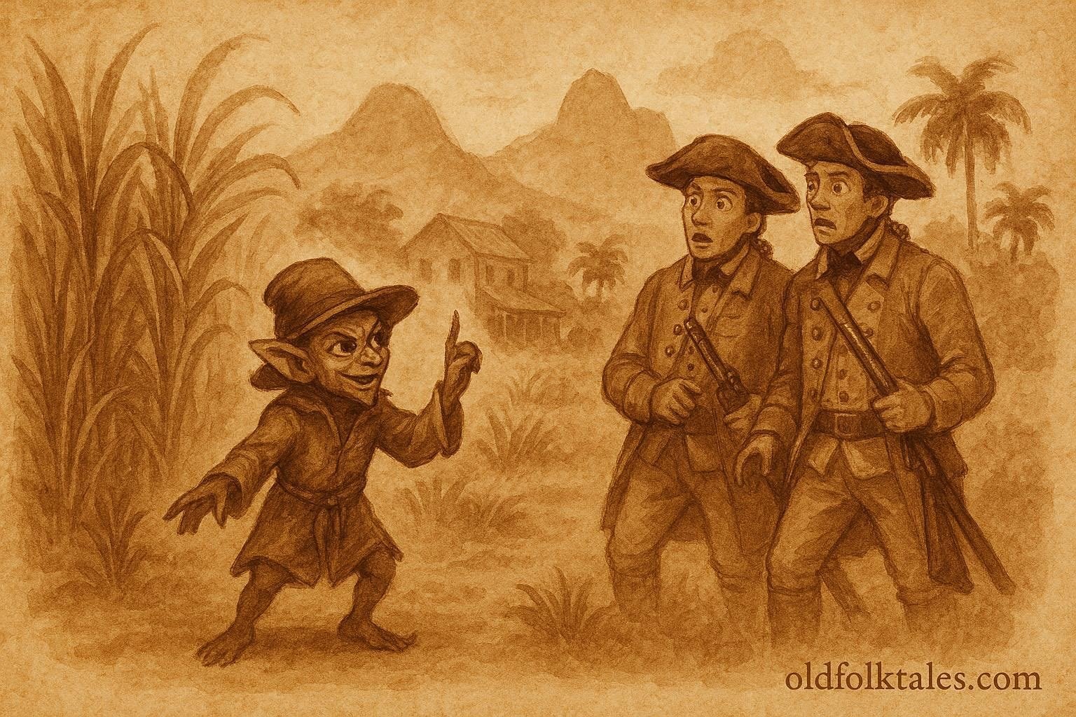 A trickster posing as spirit messenger in sugar estate, Mauritian Creole folktale scene.