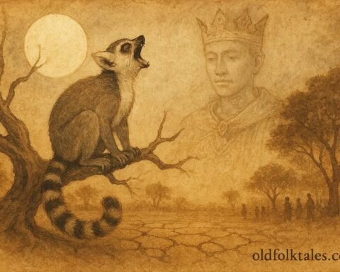 A lemur crying on tree at night, Malagasy folktale of transformed prince.
