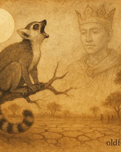 A lemur crying on tree at night, Malagasy folktale of transformed prince.