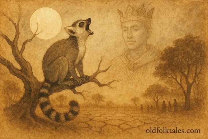 A lemur crying on tree at night, Malagasy folktale of transformed prince.