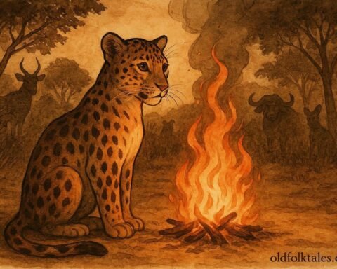 An illustration of leopard gaining spots from fire during Ugandan ritual.