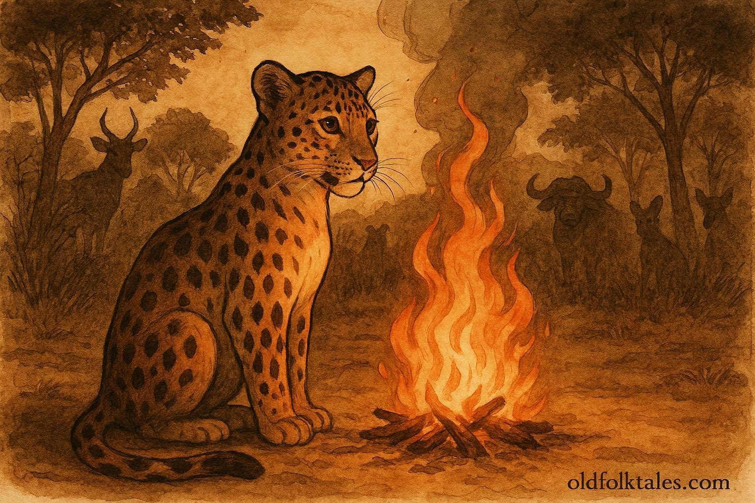 An illustration of leopard gaining spots from fire during Ugandan ritual.