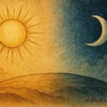 Sun and Moon separating across sky, Annobonese folktale scene.