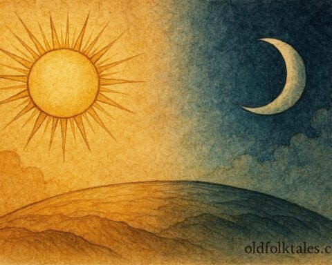 Sun and Moon separating across sky, Annobonese folktale scene.