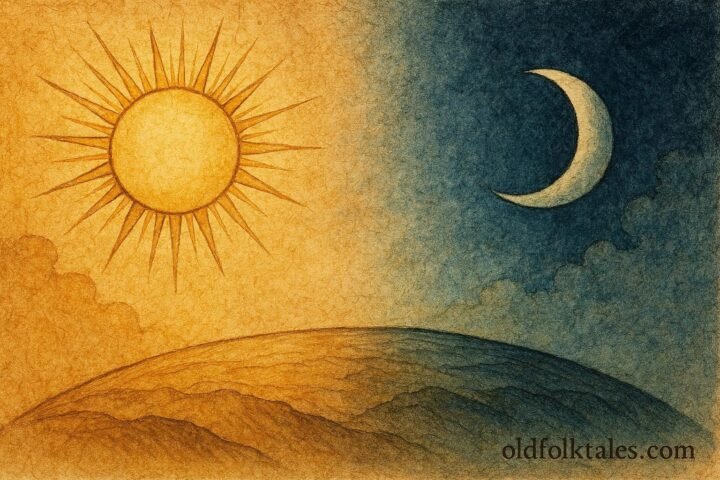 Sun and Moon separating across sky, Annobonese folktale scene.