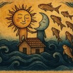 Sun and Moon escaping rising water into sky, African folktale scene.