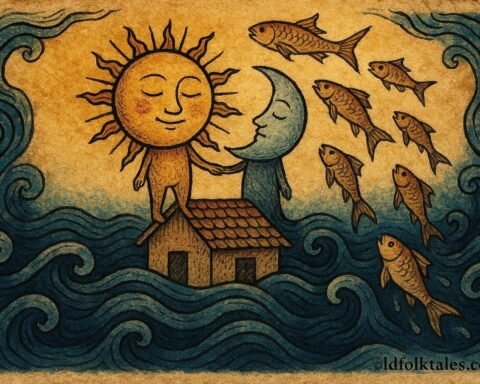 Sun and Moon escaping rising water into sky, African folktale scene.
