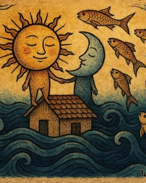 Sun and Moon escaping rising water into sky, African folktale scene.