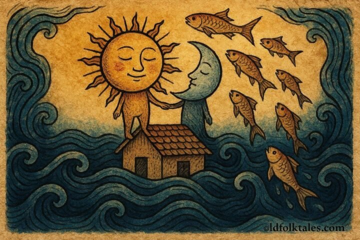 Sun and Moon escaping rising water into sky, African folktale scene.