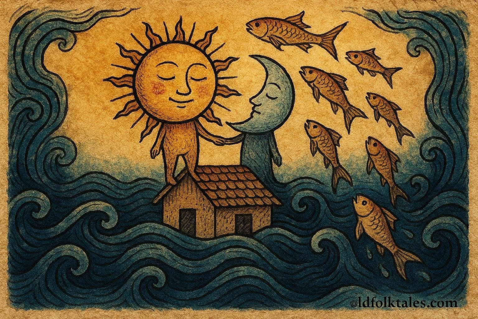 Sun and Moon escaping rising water into sky, African folktale scene.