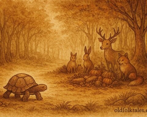 The tortoise isolated from animals after deception, Gabon folktale scene.