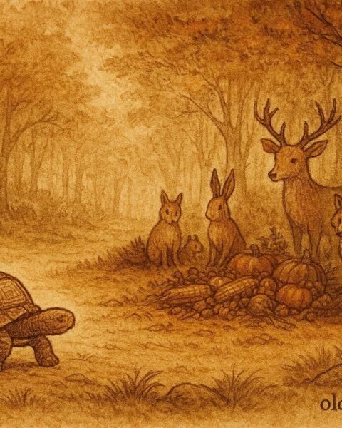 The tortoise isolated from animals after deception, Gabon folktale scene.