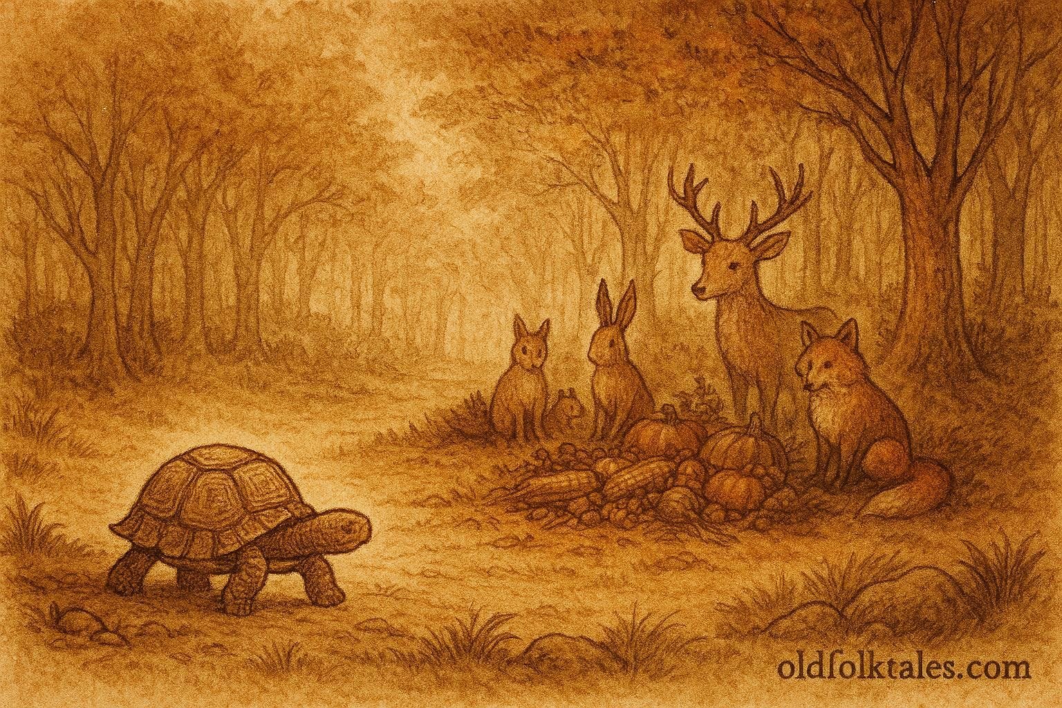 The tortoise isolated from animals after deception, Gabon folktale scene.