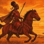 A warrior princess riding a horse across the savannah in a Mossi legend