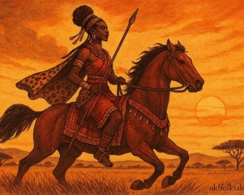 A warrior princess riding a horse across the savannah in a Mossi legend