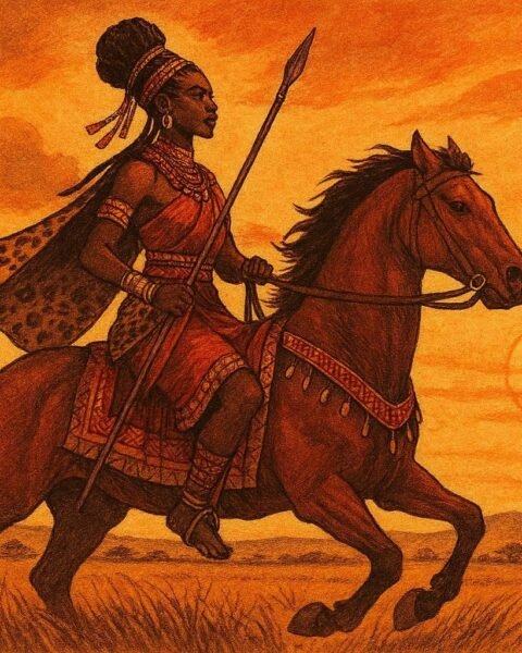 A warrior princess riding a horse across the savannah in a Mossi legend