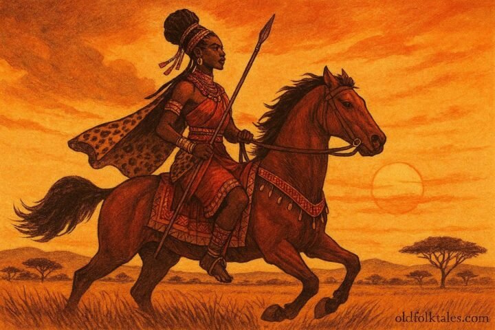 A warrior princess riding a horse across the savannah in a Mossi legend