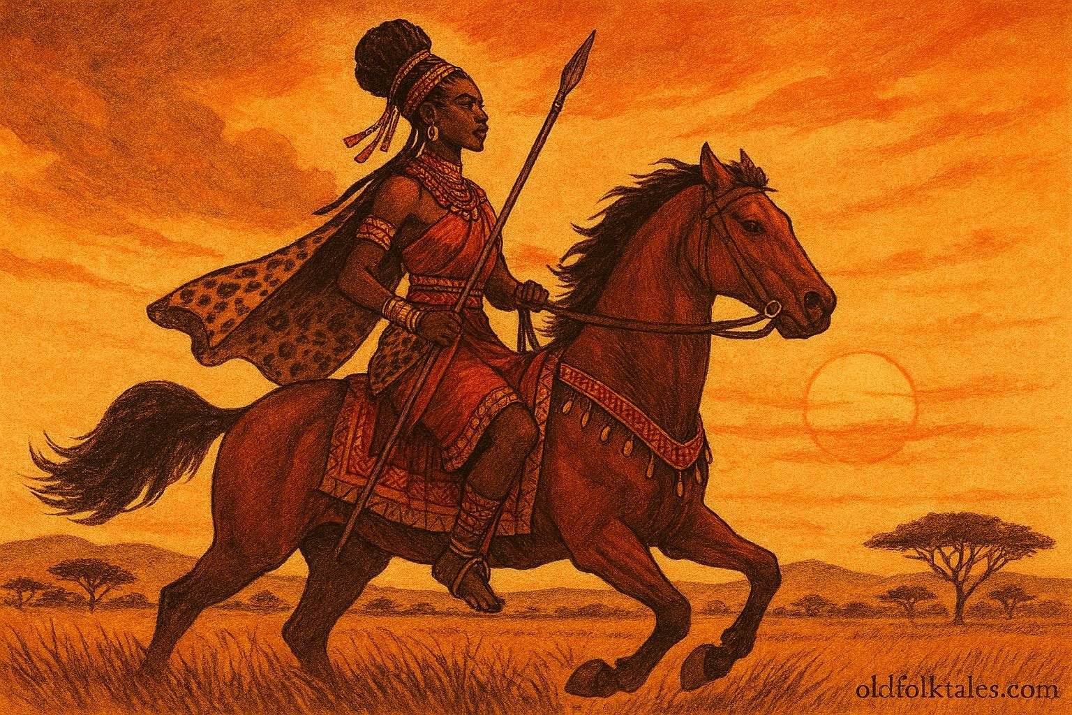 A warrior princess riding a horse across the savannah in a Mossi legend