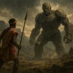 Legendary warrior Ibonia battling a giant supernatural Stone Man in Madagascar
