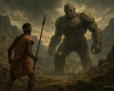 Legendary warrior Ibonia battling a giant supernatural Stone Man in Madagascar