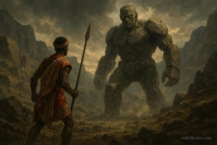 Legendary warrior Ibonia battling a giant supernatural Stone Man in Madagascar