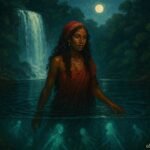 A mystical woman beside a sacred waterfall connected to water spirits in Madagascar
